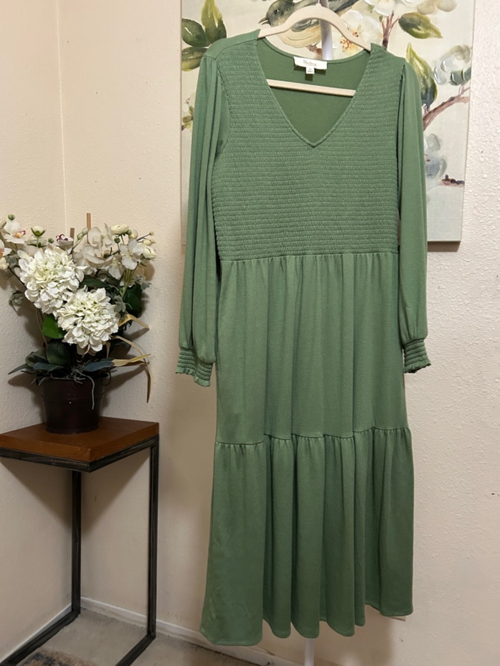 Nurture by Investment 
 Moss Green Long Sleeve V-Neck Tiered Dress